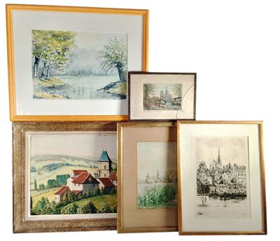 quatre aquarelles encadrées représentant un village et une église