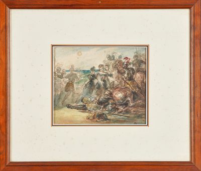 tableau représentant un groupe d'hommes à cheval dans un champ