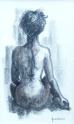 drawing of a woman sitting in a chair with her back turned