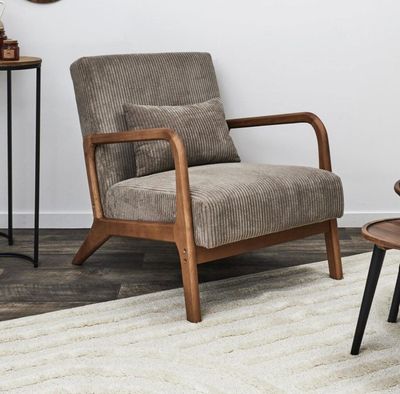 Fauteuil lounge TAKO, en velours côtelé taupe et bois -Dimen…