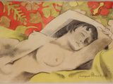 drawing of a nude woman laying on a bed with her eyes closed