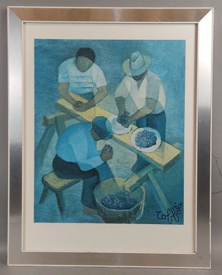 tableau représentant deux hommes travaillant sur une table où se trouve un bol de myrtilles