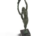 bronze statue of a woman holding a flower on a marble base