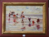 tableau représentant un groupe de personnes sur la plage avec un chien