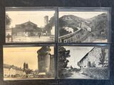 several old black and white photos of buildings and a church