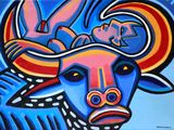 a painting of a bull with a man laying on it