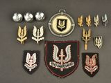 Plusieurs insignes militaires de différents types sont exposés sur une table.