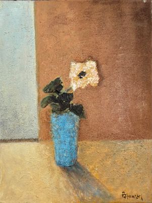 un tableau représentant une fleur dans un vase bleu posé sur une table