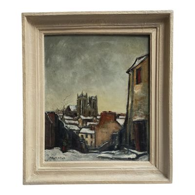 an oil painting of a snowy street scene with a church in the background