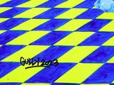 painting of a blue and yellow checkered floor with a teddy bear on it