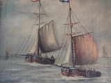 une peinture représentant un bateau dans l'eau avec d'autres bateaux dans l'eau