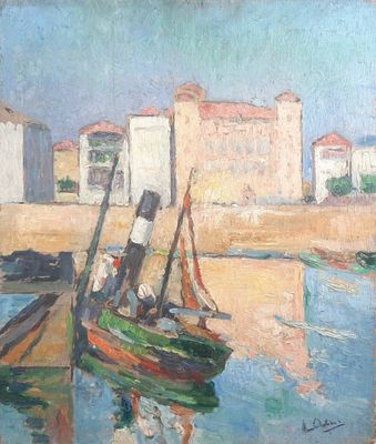 a painting of boats in a harbor with buildings in the background