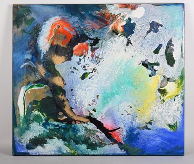 peinture abstraite représentant un homme portant un casque rouge sur fond bleu