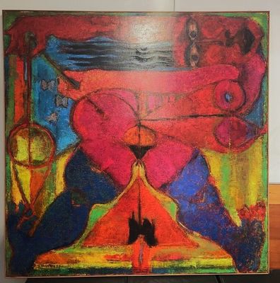 peinture abstraite aux couleurs vives représentant un homme et une femme en robe rouge