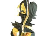 a black and gold statue of a man with a bow