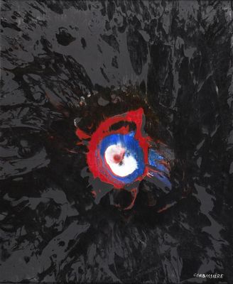 a red and blue object in the middle of a black background