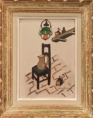 une photo d'un tableau représentant une chaise et un vase