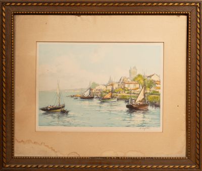 aquarelle encadrée représentant une scène de port avec des bateaux sur l'eau
