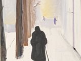 peinture d'un homme marchant dans une rue enneigée avec une canne