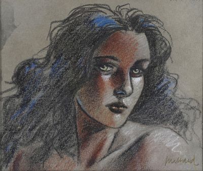 painting of a woman with long hair and blue eyes