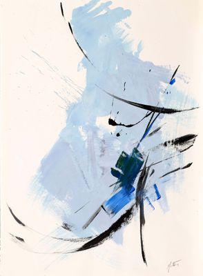 une peinture abstraite représentant un tableau bleu et blanc orné de lignes noires