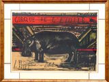 tableau représentant un éléphant debout sous un pont, dans un cadre en bois