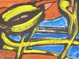 un tableau représentant des bananes posées sur une table, à côté d'un vase