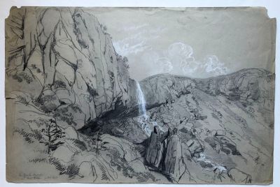un vieux dessin représentant un homme debout au sommet d'une montagne, près d'une cascade