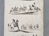 un vieux dessin représentant un homme à cheval, aux côtés d'autres hommes à cheval