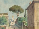 a painting of a woman walking down a street