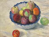 a painting of a bowl of fruit on a table