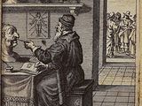 an old book with a drawing of a man sitting at a desk