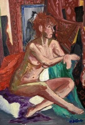 a painting of a woman sitting on a bed next to a cat