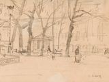 dessin représentant un parc avec des bancs et des arbres au premier plan