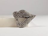 a close up of a silver brooch with crystals on it