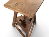 a small wooden table with a wooden top on a white surface