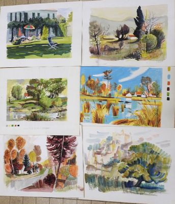 four watercolor paintings of a park with trees and a pond