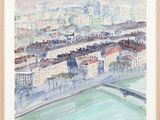 une aquarelle représentant une vue de ville avec des bâtiments et un pont
