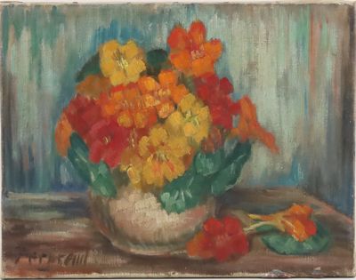a painting of flowers in a vase on a table