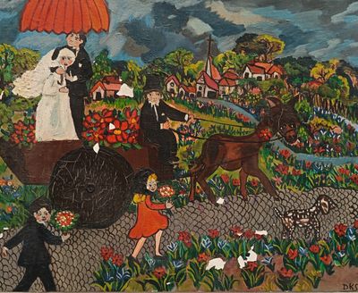 un tableau représentant une femme et un homme dans une calèche, dans un jardin