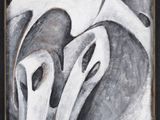 tableau représentant deux oiseaux dans un cadre noir et blanc