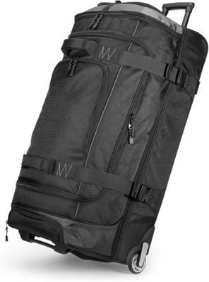an image of a black duffel bag with wheels on a white background