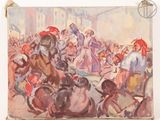 a painting of a group of people riding horses