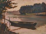 a painting of a boat on the water by the shore