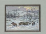 a painting of a herd of wild boars in the snow