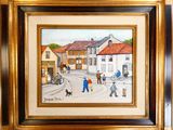 tableau représentant une scène de rue avec des passants et un chien en laisse