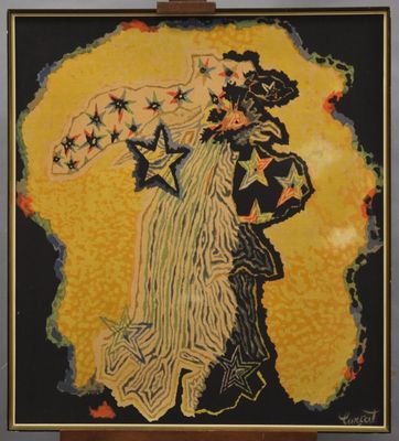 tableau représentant une femme tenant un parapluie orné d'étoiles sur fond jaune