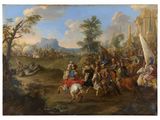 painting of a large group of people riding on horses in a field