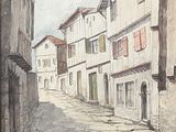 un tableau représentant une rue bordée de bâtiments de part et d'autre