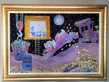 tableau représentant un tableau d'un éléphant et d'un chat dans une station spatiale